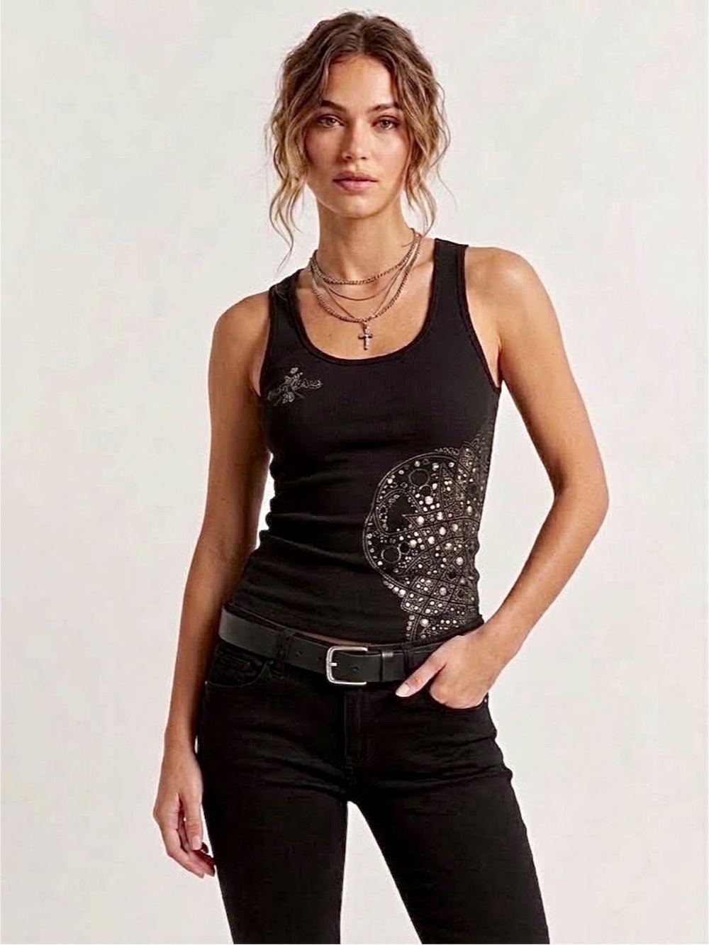 Vintage Y2K Guess Jeans Studded Peace Sign Ribbed Racer Back Tank Black Medium